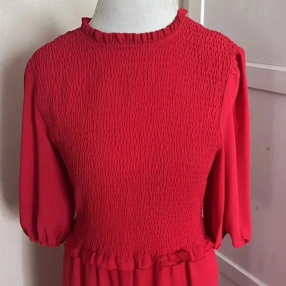 Nanette Lepore Smocked Midi Dress with Tiered Skirt and Ruffle Detail - Size 12 - Picture 3 of 13